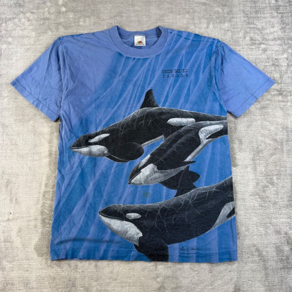Vtg Orca Whale Shirt Mens Large Blue Nature All Over Print Canada Single Stitch